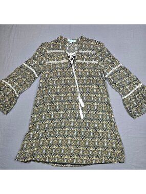 She + Sky Small Womens Boho Dress Peasant Lace-Up Bell Sleeves Vintage Print